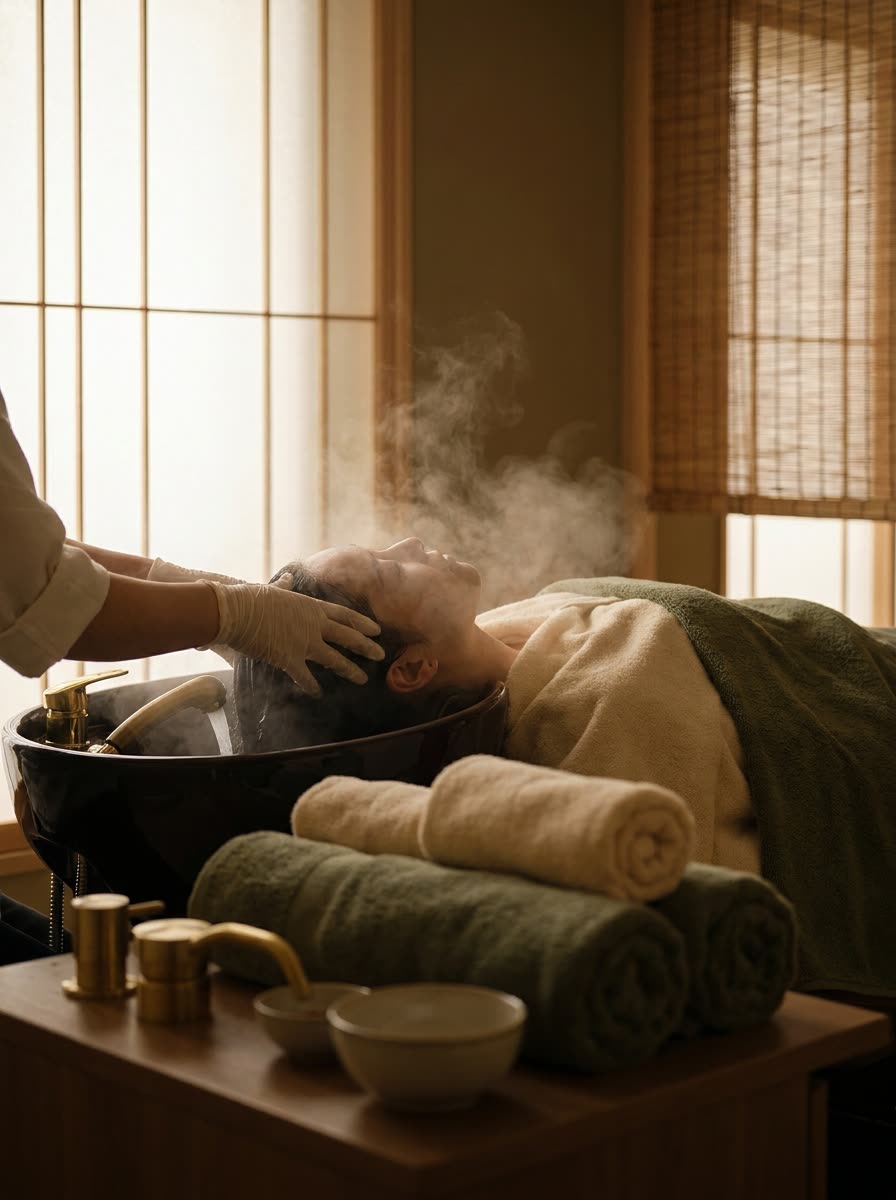 A head spa treatment in progress with water poured gently over the scalp