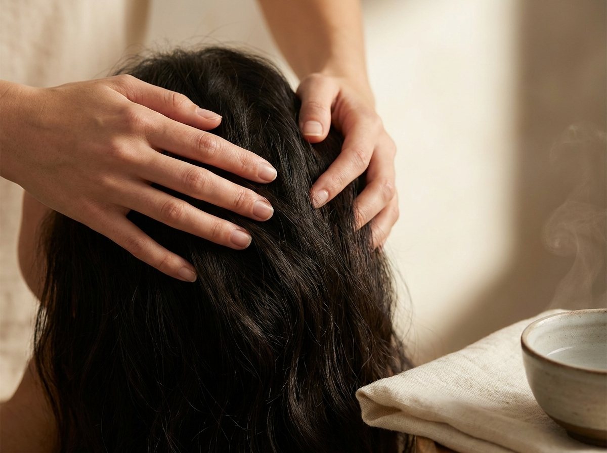 A therapist's hands working through a guest's hair during a scalp treatment