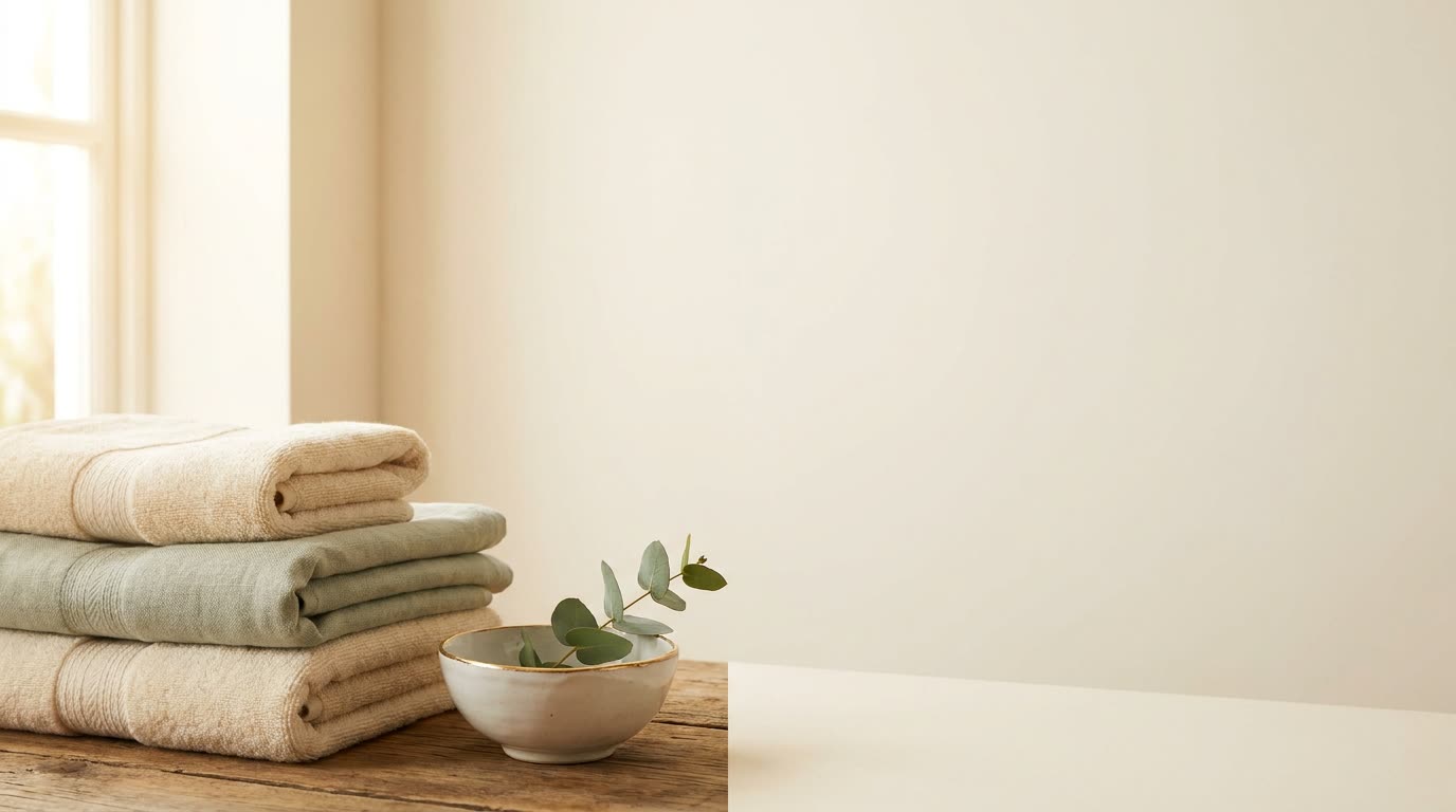 Folded cream towels, a sprig of eucalyptus and a small ceramic bowl in soft light