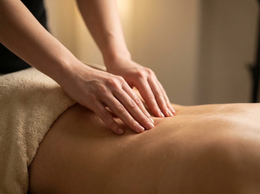 Firm pressure applied along the muscles of the upper back