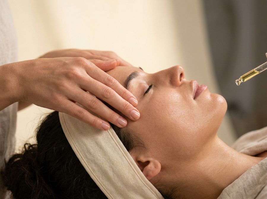 A hand resting on a guest's forehead while serum is applied during a facial