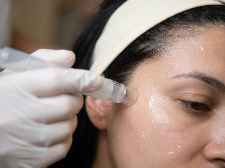 A gloved hand guiding a hydro facial handpiece across a guest's cheek