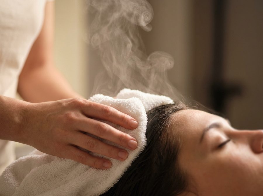 A warm steamed towel wrapped around the hair