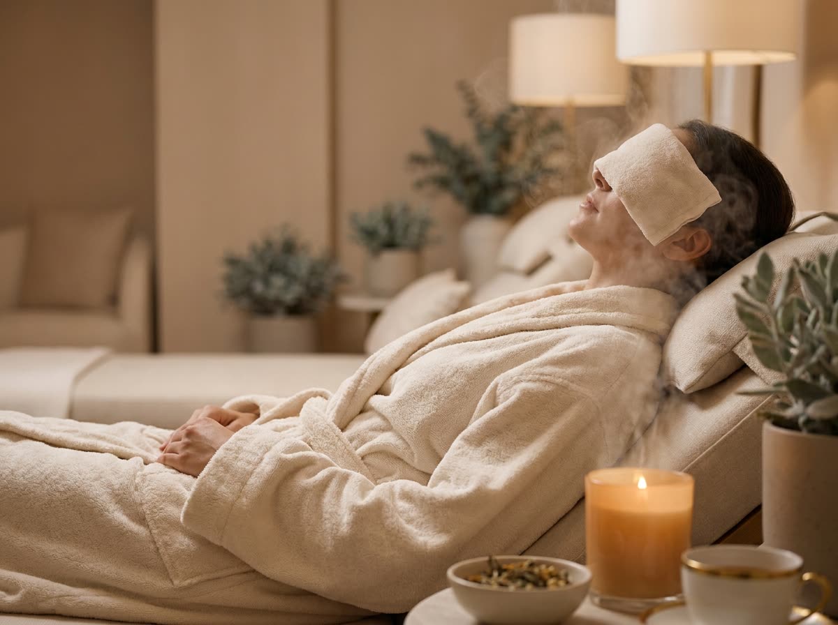 Guest resting in a robe with a warm towel over their eyes, tea and a lit candle beside them